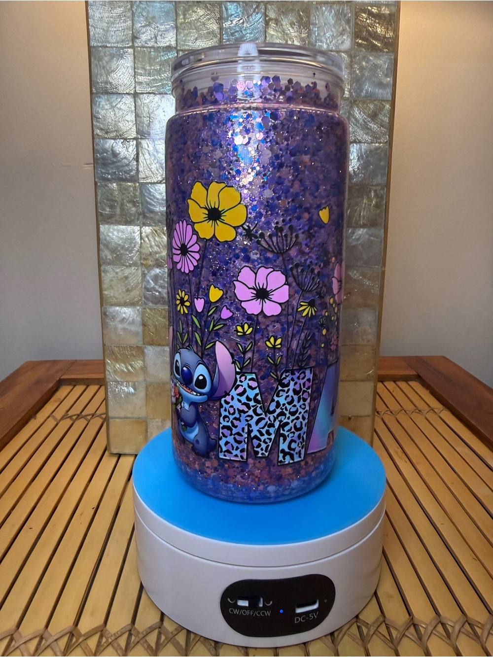 Purple Glitter Floral Tumbler with Stitch Accent